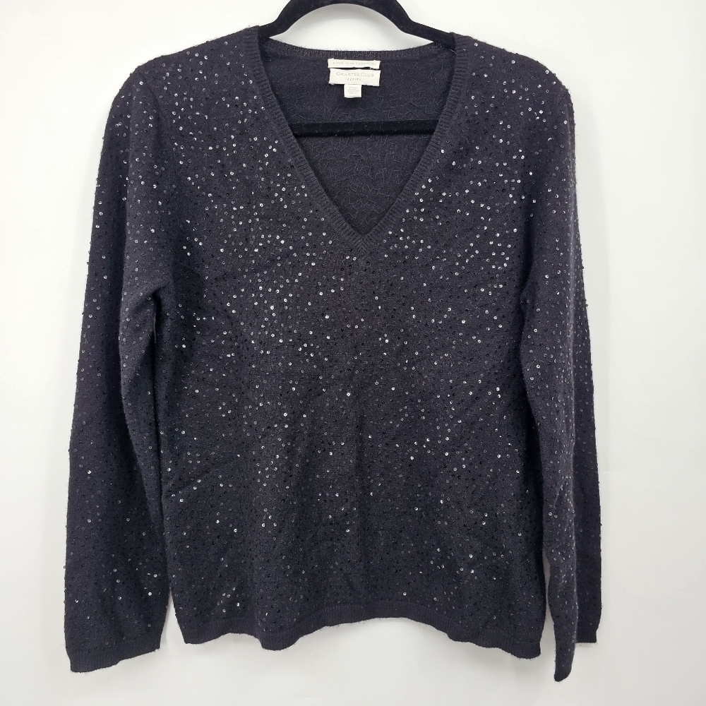 Charter Club 100% Cashmere Sequin Sweater Black Medium Petite